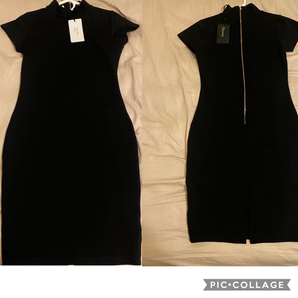 Black capped sleeve zip back dress